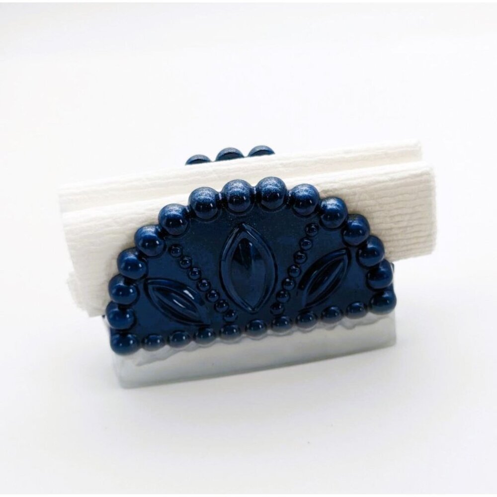 Napkin or Note Holder Epoxy Resin Navy Blue and White Detailed Hand Crafted NEW